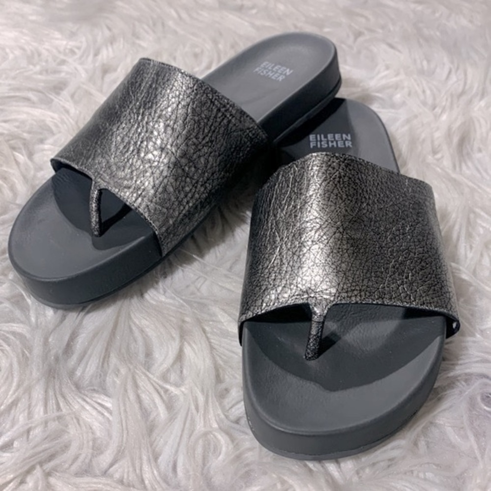 EILEEN Fisher motion slides sandals Pebbled leather in antique silver NWOT - Picture 8 of 8